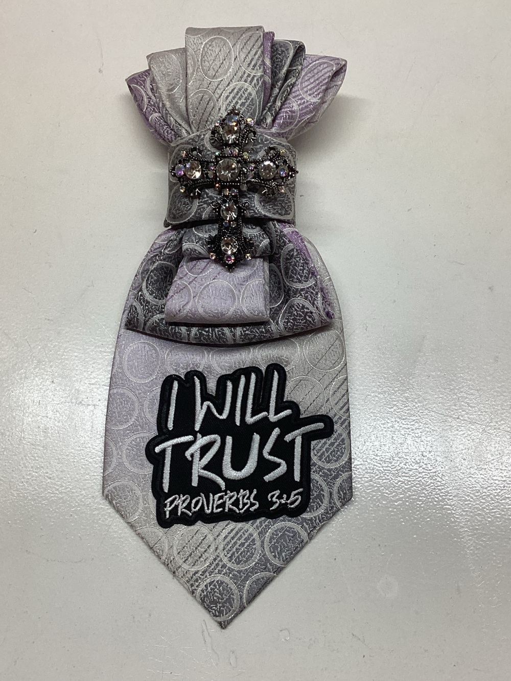 Custom "I Will Trust" Scripture Necktie Brooch – Rhinestone Cross Accented